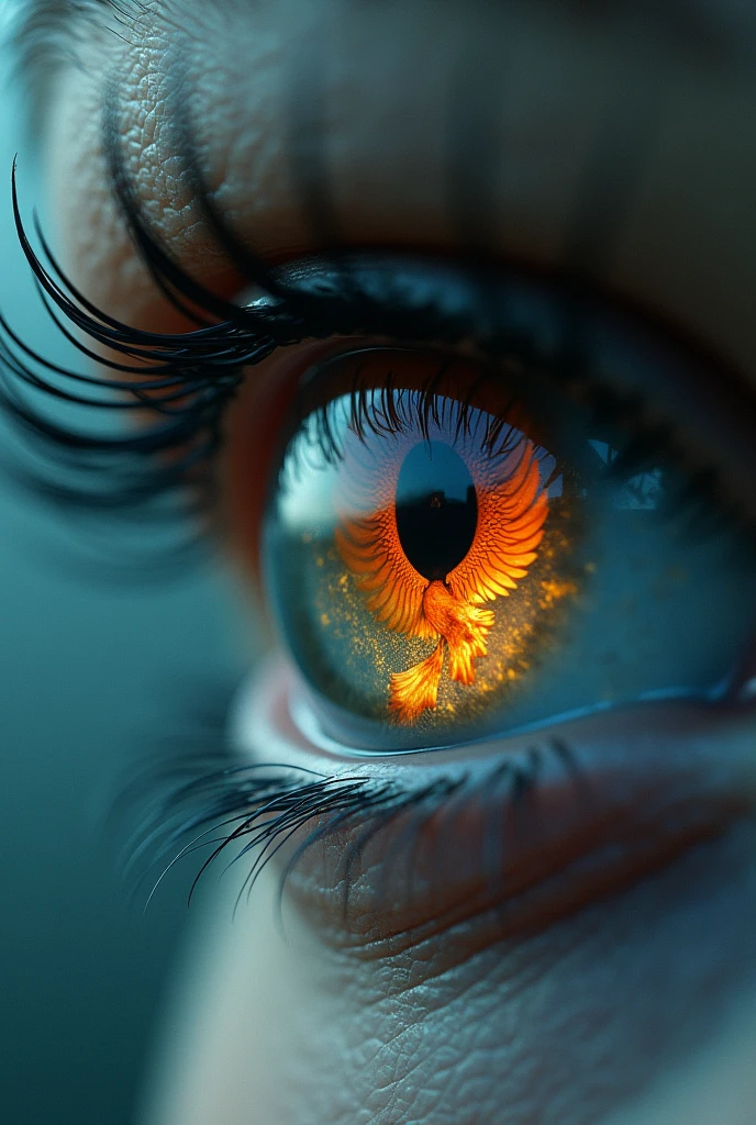 a picture of an eye looking on a phoenix the phoenix is being reflected in the eye