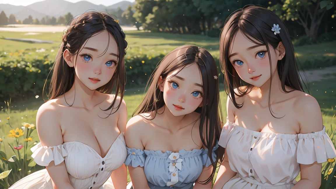 (3 girls), young face, 12 years,smile, white skin, Round breast, blue eyes,((Strapless shirt, Perky chest))Masterpiece, Highest quality, 8ก, beautiful girl, young face、 photography, Cute face, thigh,In the meadow, Embarrassing、รอยsmile、((((((อายุ 12 years))))))、small waist、(((round chest))) ((big breasts)) Plump breasts
