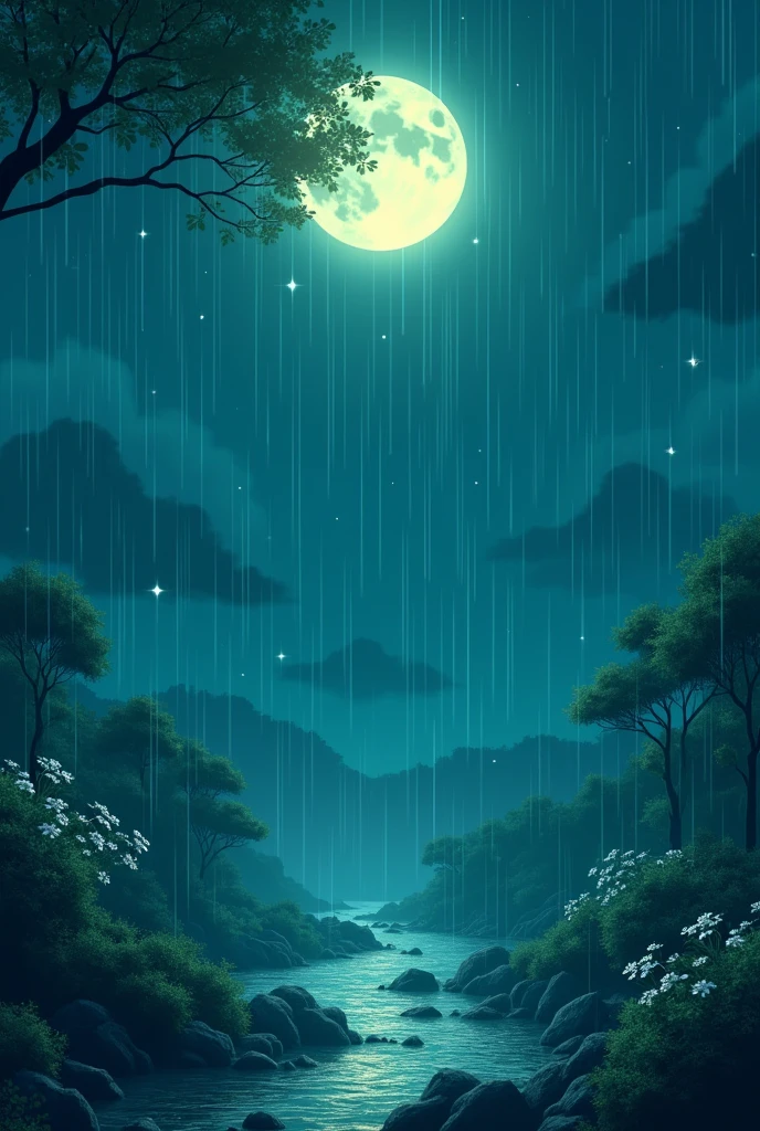 Generate a scenery of raining in the midnight with teal color accents and in anime