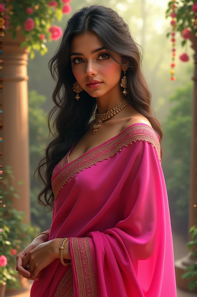 Indian teenage girl with big breast in pink saree