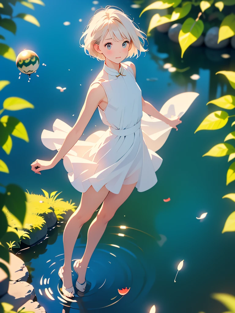 (blurry background:1.3), (extremely detailed fine touch:1.3), (hard light, studio light, light rays, dappled light, reflection, shadows, ray tracing:1.0), ///, girl, white blonde short hair, white dress, (water melon:1.3), flower, pond, reflection, leaves, sunlight filtering through foliage, stand on stone, standing by the pond, (full body:1.3), (from above:1.3), (dynamic angle:1.6), (too many small spherical lights flying around in the air:1.4), (petals dancing in the wind:1.3),  (masterpiece:1.0),(best_quality:1.0), ultra high res,4K,ultra-detailed, photography, 8K, HDR, highres, (perfect anatomy:1.2),(Beauty of form:1.4) Golden ratio,