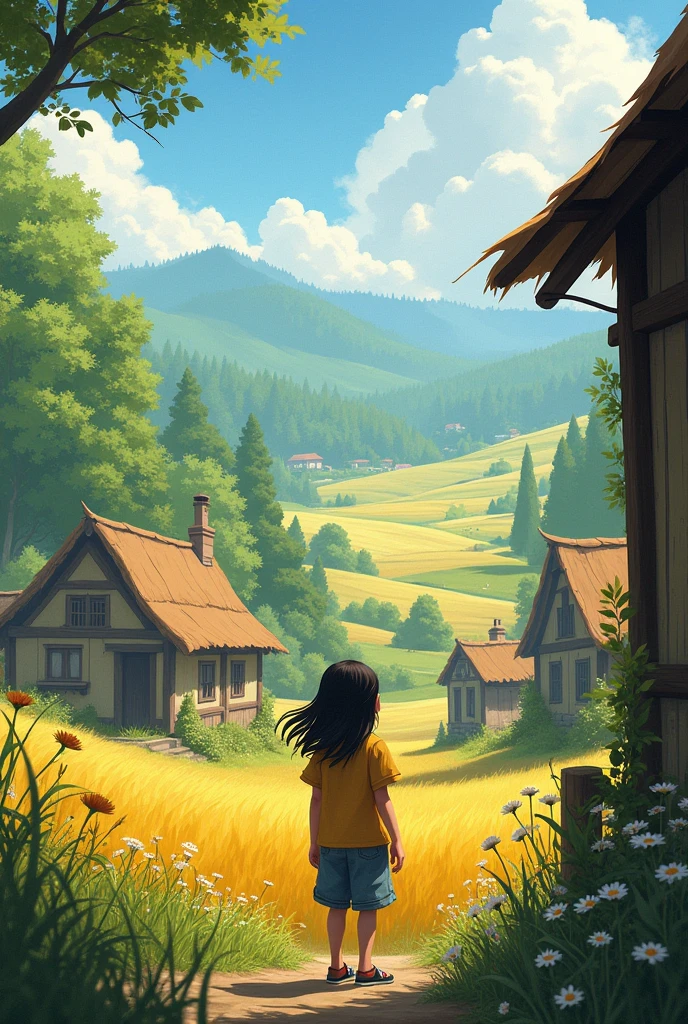 "A small village with rustic houses surrounded by fields and forests, with a curious young girl named Aisha standing at the edge, gazing at the landscape with wide, excited eyes."