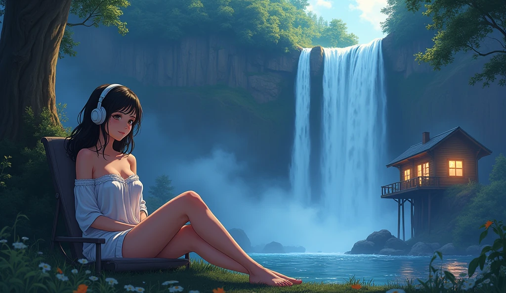 sexy girl , his big breast half open, wearing pajama at night. relaxed listening to music with headphones., sitting on the chair outside cabin very close huge waterfall. Anime 2d style, Lo-fi, Dark Ambiance, vibrant color, water not blur