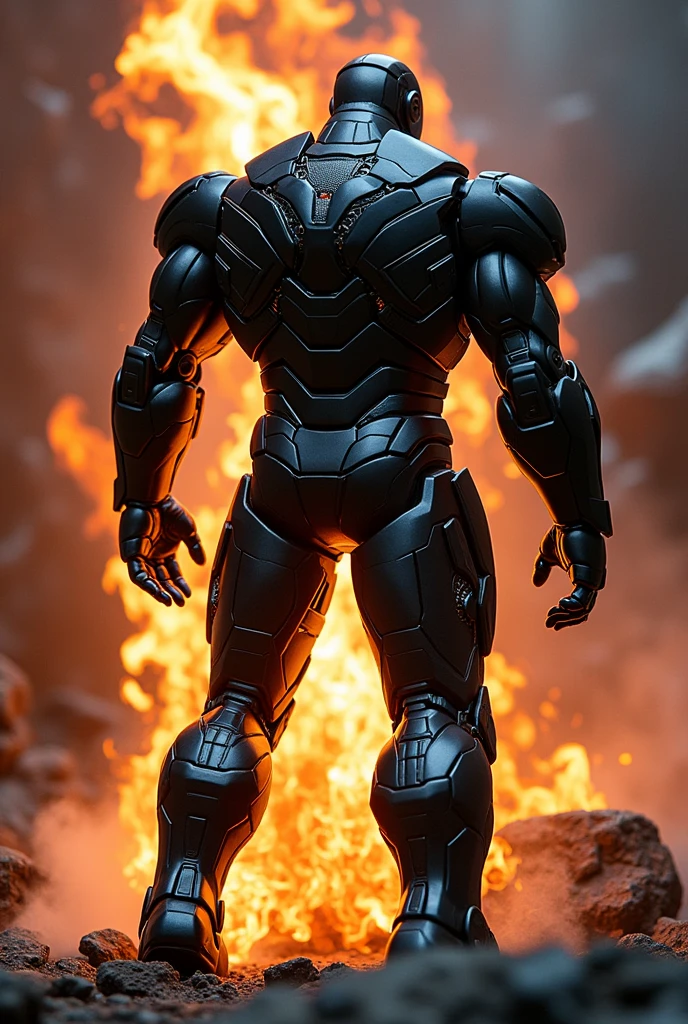 Black iron man with fire in back