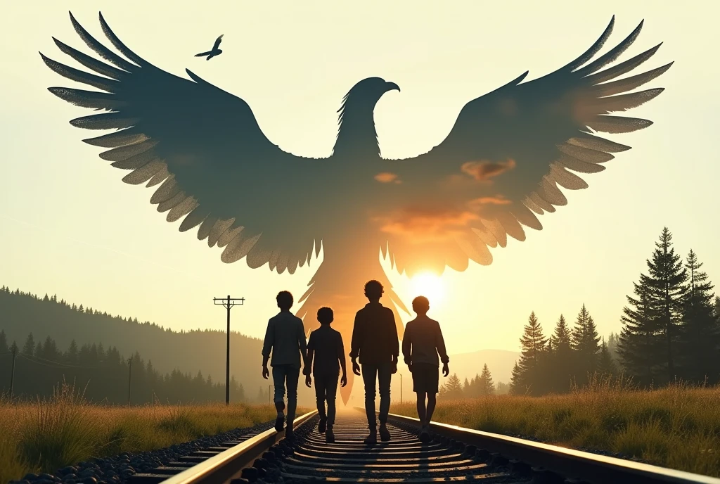 Super realistic illustration, Fantasy art, A beautiful double exposure that combines an Phoenix silhouette with 4 boys walking along railroad tracks, the Phoenix spreading its wings wide should serve as the underlying backdrop, with its details incorporated into walking boys, Four s go on an adventure walking along railroad tracks on a rural Oregon summer day, crisp lines, sharp focus, double exposure, Remembering River Phoenix, "Stand by Me"