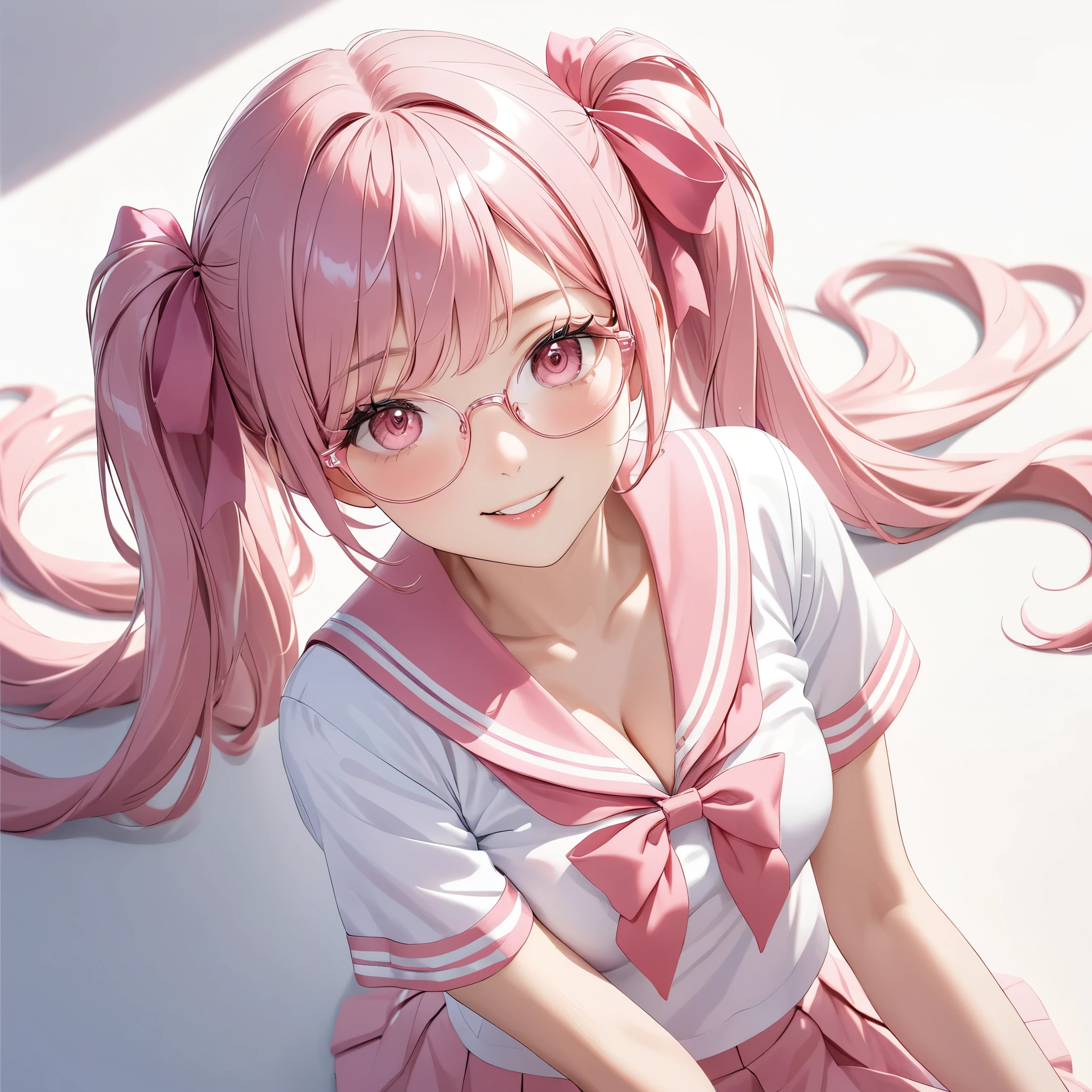 (8K, masutepiece, Best Quality, Official art, Breathtaking beauty and aesthetics, highly beautiful lighting, highly beautiful detailed), (1 Girl, Solo), (sixteen years old), (beautiful detailed face), (shiny white skin), (Beautiful big bust, cleavage, thighs, navel focus:1.3), (beautiful detailed pink twin tails hair, Bangs:1.3), (beautiful detailed drooping pink eyes:1.5), (pink glasses:1.3), (high school uniform:1.3), (patsel pink sailor collar, white short sleeves short length outing shirt, pastel pink pleated skirt, patsel pink ribbon:1.3), (happy smile:1.2), (Attractive, sensational, look at the camera, cute pose, lying, lie on her back, from above:1.3), (simple white plain background:1.5),