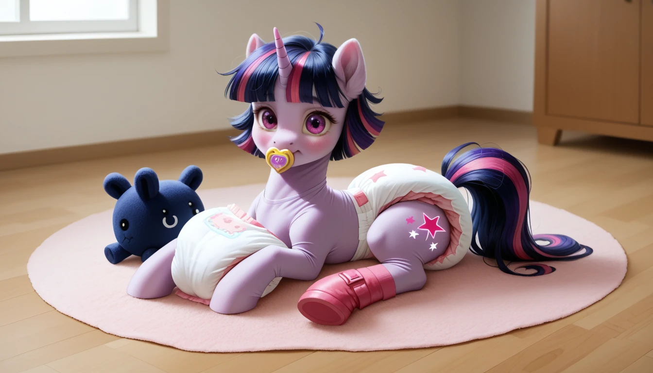 pony, purple unicorn, dark blue mane with purple streak and pink streak, the tail is dark blue with a purple strand and a pink strand, purple eyes, on the side close to the back hoof is a drawing of a pink star with six small stars around a central star, adult mare, sitting in the room on a soft play mat, dressed in an adult size bodysuit and booties,  adult size pacifier in mouth, solo, thick diaper under clothes, pink blush on cheeks, Embarrassment, Awkwardness.