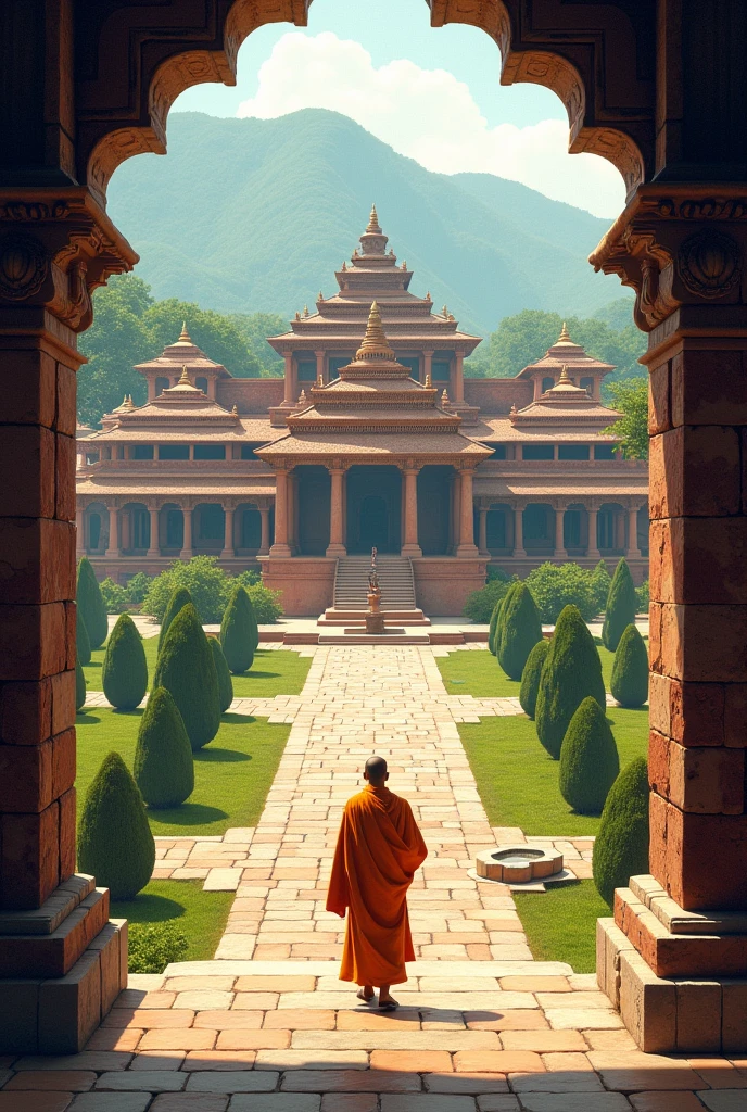 a detailed illustration of the Nalanda University in its prime, ornate architecture, intricate stone carvings, It was made up of eight compounds, ten temples, and classrooms,This monastery has a central entrance, a door lintel, and two levels of occupation. It also has cells for monks, a well, and a shrine in the middle,The university used earthy materials like red masonry bricks and off-form concrete.
slide 3 of 5, lush greenery, peaceful atmosphere, 1 buddhist monk walking, (best quality,8k,photorealistic,masterpiece:1.2),extremely detailed,realistic,photorealistic,photo-realistic:1.37,ornate,intricate details,beautiful symmetry,serene,ambient lighting,warm color palette
