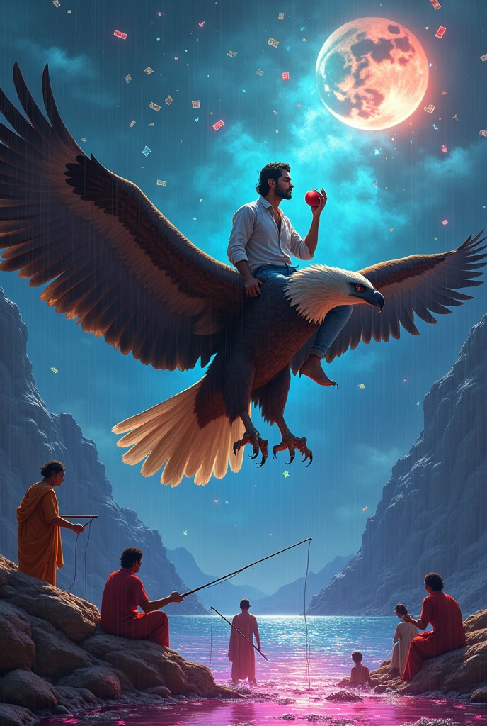 A man siting on flying eagle and eating apple on Pluto and going through strome with money raning with diamonds and people playing kabbadi while women cooking panner for children and man caching fish with neon stick from pink water