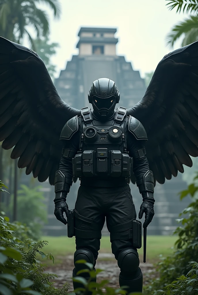 Warzone operator in Petén pyramids with black wings and a text that says war zone gt