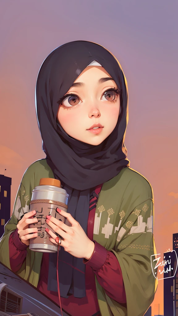 muslim woman in hijab holding abread in front of a city skyline, urban girl fanart, artwork in the style of guweiz, in an anime style, by Naza, by Ei-Q, high quality fanart, inspired by Fathi Hassan, in anime style, lofi portrait, 🤤 girl portrait, detailed fanart, inspired by Shaddy Safadi, with sunset