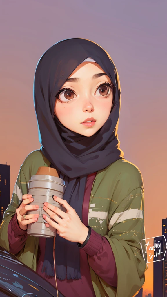 muslim woman in hijab holding abread in front of a city skyline, urban girl fanart, artwork in the style of guweiz, in an anime style, by Naza, by Ei-Q, high quality fanart, inspired by Fathi Hassan, in anime style, lofi portrait, 🤤 girl portrait, detailed fanart, inspired by Shaddy Safadi, with sunset