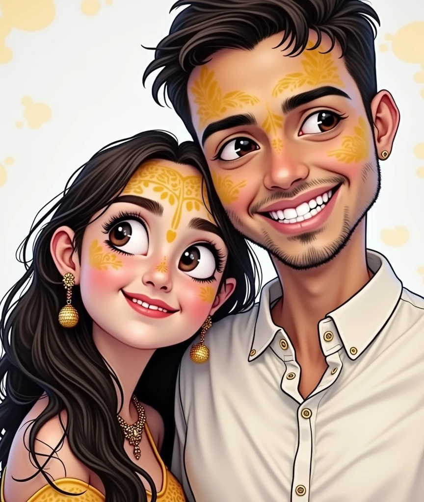 Make the girl slightly chubby and with dimple. both are wearing yellow clothes. Both are applying haldi to each other. They are in love. Make the enviromnent yellow. Full body generation