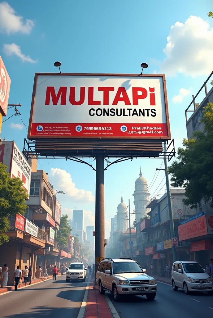 Realistic billboard on streets of India for construction company called MULTAPI Consultants with contact details which are 7999665413 and email is pratikkhadse541@gmail.com