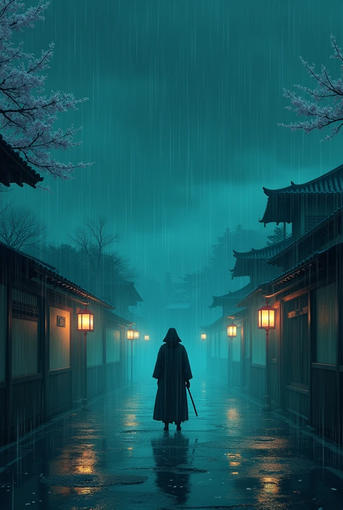 Generate a scenery of raining in the midnight with teal color accents and in anime during samurai era