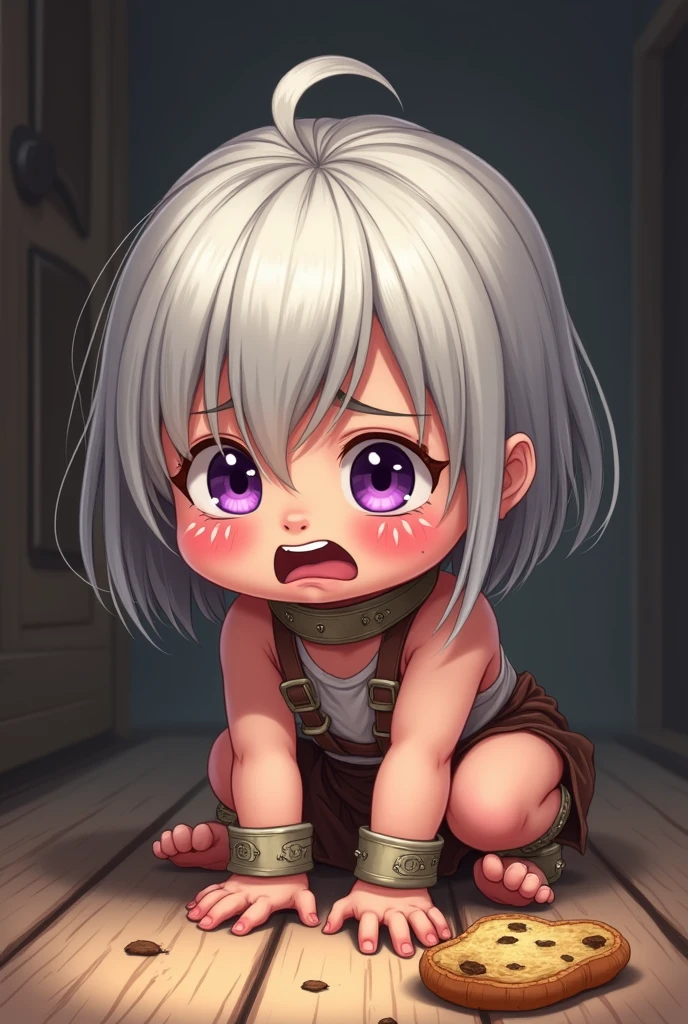 Cartoon style drawing of a crying toddler girl with silver hair and purple eyes in a slave collar, slave cuffs, and ankle cuffs syanding and looking down at moldy bread on a wooden floor