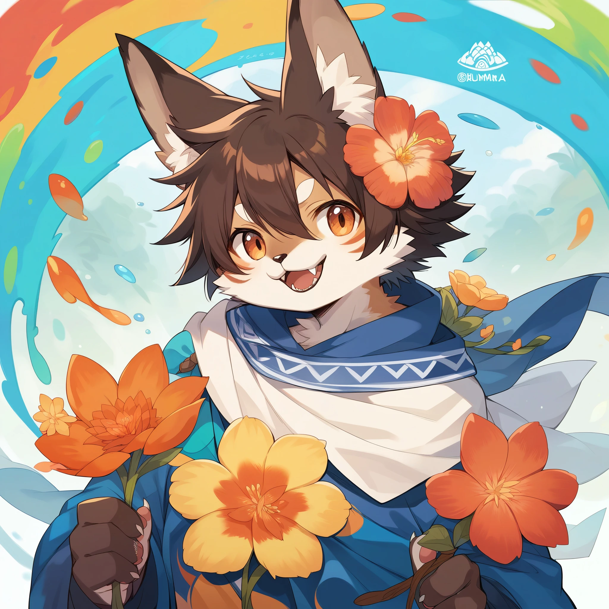 rating_safe, score_9, score_8_up, score_7_up, score_6_up, score_5_up, score_4_up, hires, source_furry, rzminjourney, vector-art, by Alfons Mucha(kemono, furry anthro)logo mark, round, colorful ink splash flower,