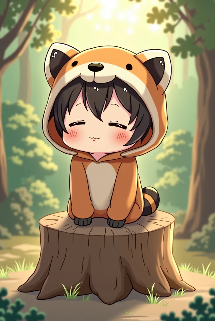 A man wearing a raccoon hoodie、human、Heartwarming、mascot、smile、Sleepy face、Nohohon、Sitting on a stump、anime
