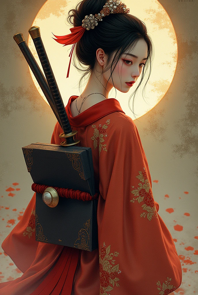 (Ultra-detailed face, looking away, Fantasy Illustration with Gothic, Ukiyo-e, Comic Art, Rich colors), BREAK (Japanese courtesan of the Heian period (794-1185), wearing a black eboshi (headgear), a pair of bracelets over the ears, a vermilion-embroidered robe with a hem of a gesho (undergarment) reaching from the waist to the ground, a hanabuto (half arm) visible under the collar, a belt with a hirago (a flat cord) around the waist, a ceremonial sword with an inlay on the belt, an arrow barrel on his back, an arrow in the barrel, a bow about his height, and a white thimble with a white thong and black leather shoes. He wears white thimble and black leather shoes.)