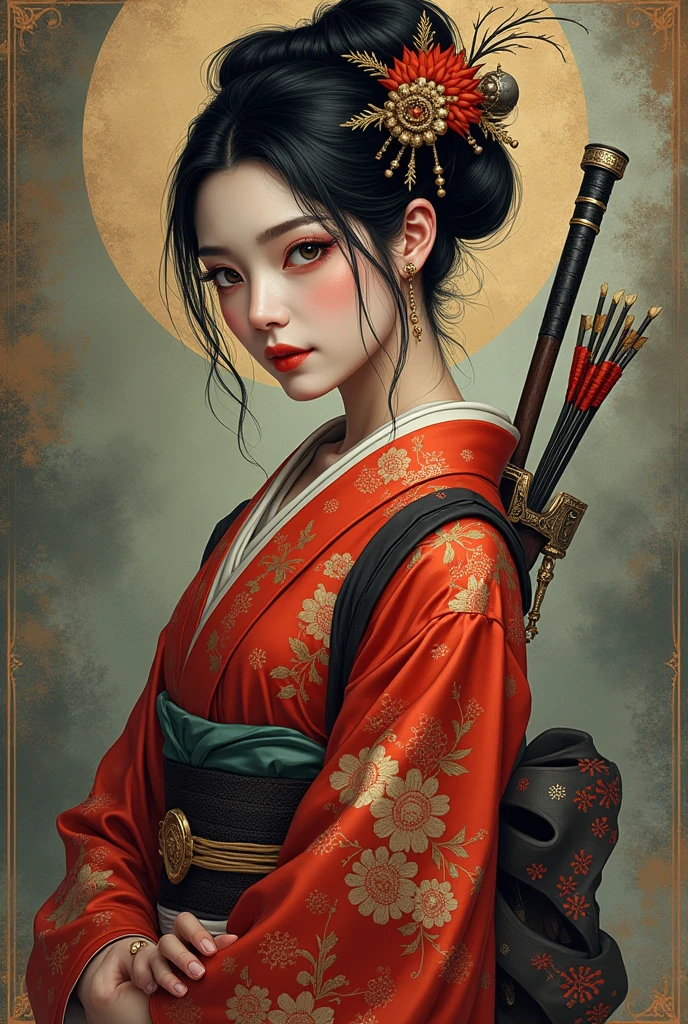 (Ultra-detailed face, looking away, Fantasy Illustration with Gothic, Ukiyo-e, Comic Art, Rich colors), BREAK (Japanese courtesan of the Heian period (794-1185), wearing a black eboshi (headgear), a pair of bracelets over the ears, a vermilion-embroidered robe with a hem of a gesho (undergarment) reaching from the waist to the ground, a hanabuto (half arm) visible under the collar, a belt with a hirago (a flat cord) around the waist, a ceremonial sword with an inlay on the belt, an arrow barrel on his back, an arrow in the barrel, a bow about his height, and a white thimble with a white thong and black leather shoes. He wears white thimble and black leather shoes.)