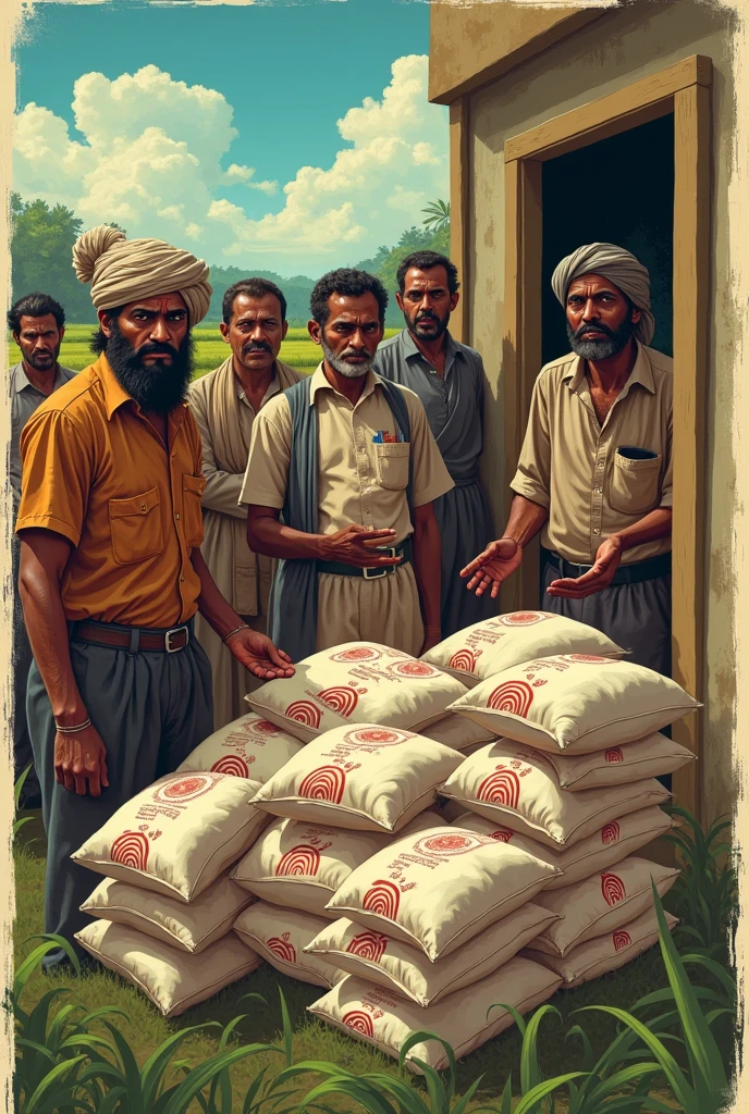 Create a poster of "बिना आधार कार्ड के खाद नहीं मिलेगा" With some creative images and fertilizer bags