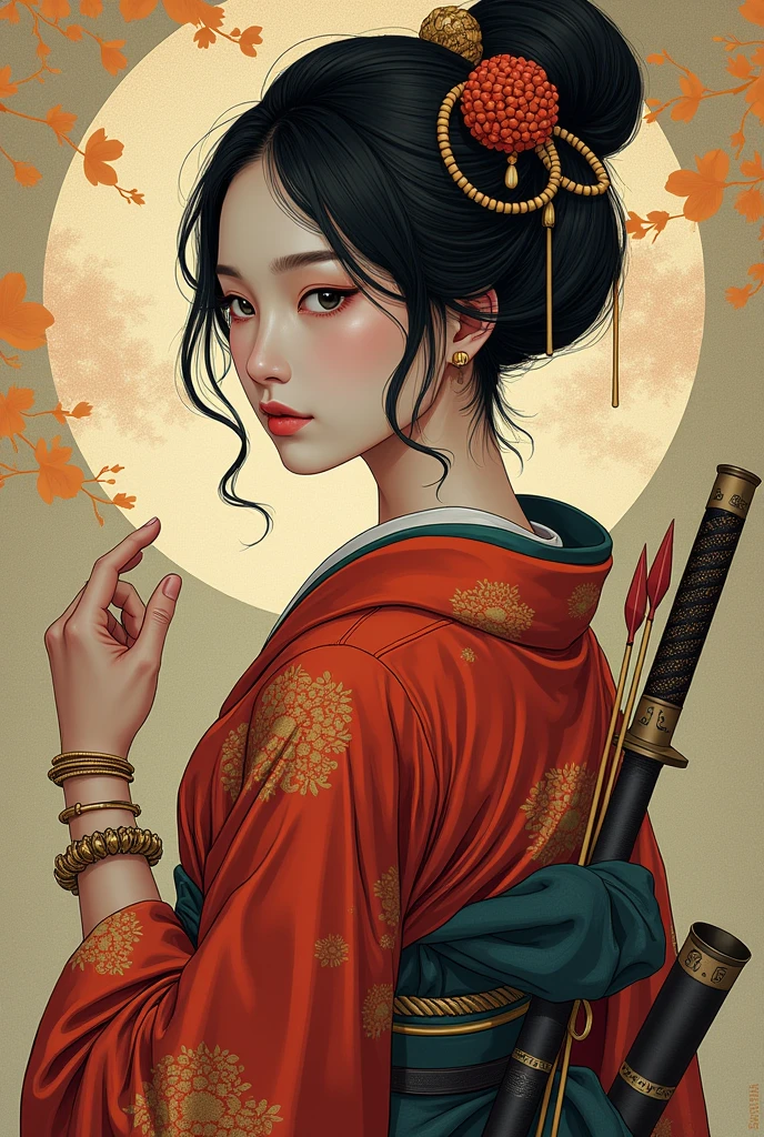 (Ultra-detailed face, looking away, Fantasy Illustration with Gothic, Ukiyo-e, Comic Art, Rich colors), BREAK (Japanese courtesan of the Heian period (794-1185), wearing a black eboshi (headgear), a pair of bracelets over the ears, a vermilion-embroidered robe with a hem of a gesho (undergarment) reaching from the waist to the ground, a hanabuto (half arm) visible under the collar, a belt with a hirago (a flat cord) around the waist, a ceremonial sword with an inlay on the belt, an arrow barrel on his back, an arrow in the barrel, a bow about his height, and a white thimble with a white thong and black leather shoes. He wears white thimble and black leather shoes.)