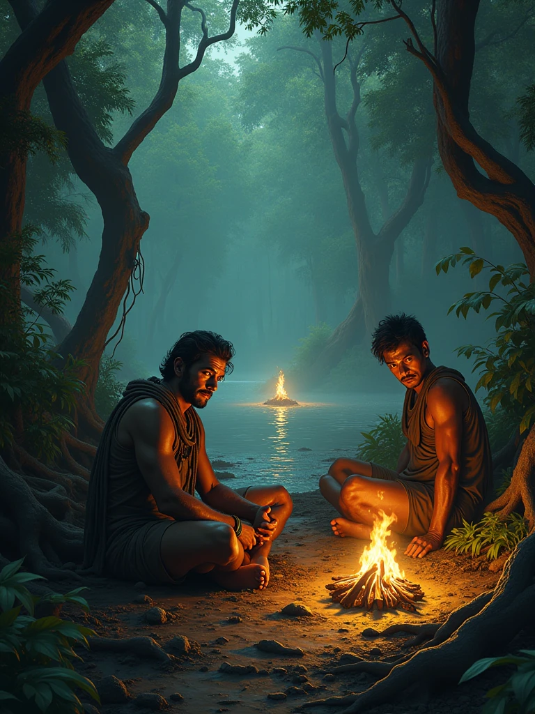 Two Cambodian hunters sitting near a treasure in a forest with flames staring from behind