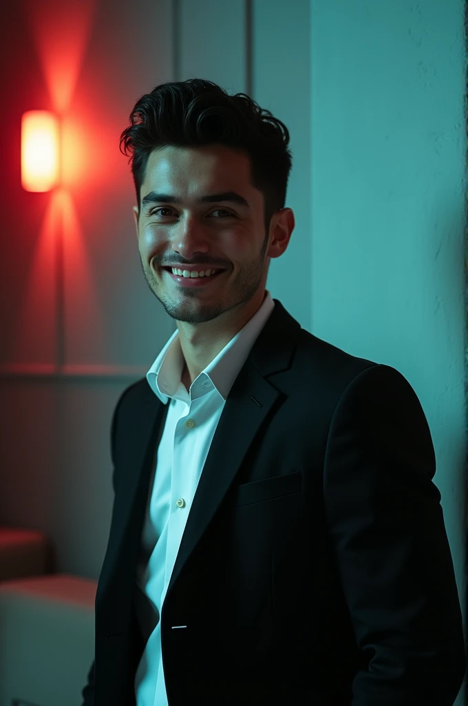 A young man with drak hair and a confident smile.He is dressed in a black blazar over a white shirt.The man is positioned against aqua colour backdrop with a subtle red lighting on the left side. and