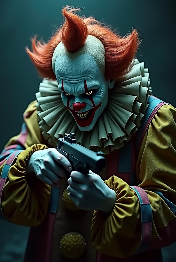 a villain clown , polishing a gun