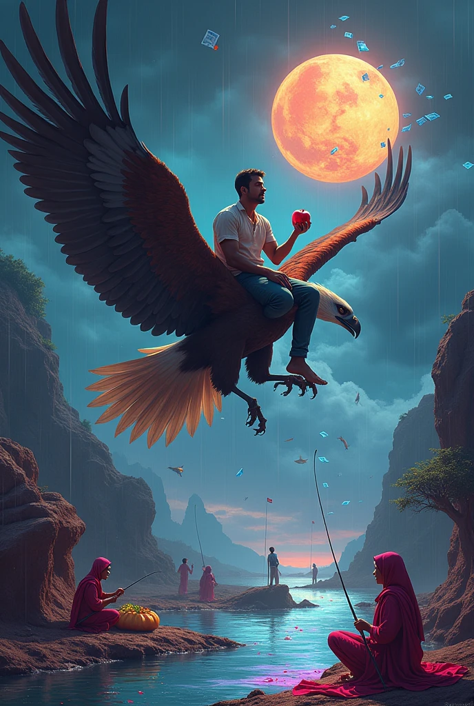 A man siting on flying eagle and eating apple on Pluto and going through strome with money raning with diamonds and people playing kabbadi while women cooking panner for children and man caching fish with neon stick from pink water