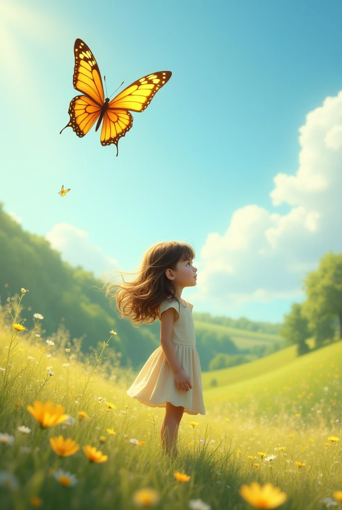 "A sunny afternoon in the countryside, where a beautiful golden butterfly flutters gracefully in the air, catching the attention of the girl as she watches in awe."