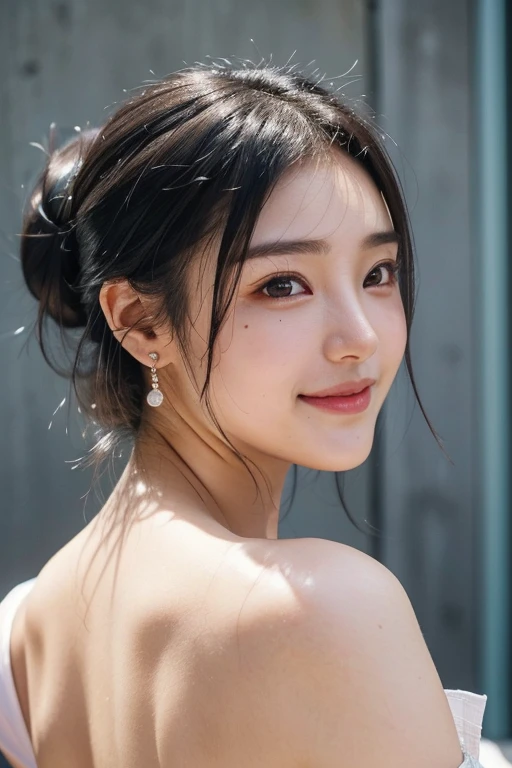 (2 pure Japanese girl,), (Small breasts:1.5,),(Mole on left side of neck:1.5),(solo,,Textured skin, Detailed skin,Detailed face,Detailed eyes,detailed posing,Natural eyebrows,Sparkling Eyes,High detail, Highest quality, Super detailed, Surrealism, ,8k,RAW Photos,Photographicism,Professional Lighting,Ray Tracing,Portrait Photography,),(((Black Hair, Natural Makeup,Simple earrings, Bun Hair,,smile,Composition from the front,Graduation photo)))