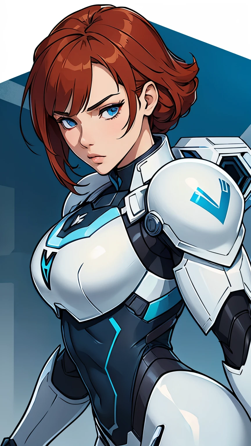 RUSSIAN WAIFU, in a combat exo-suit, very clear detail, suit colors white blue and red, close-up view