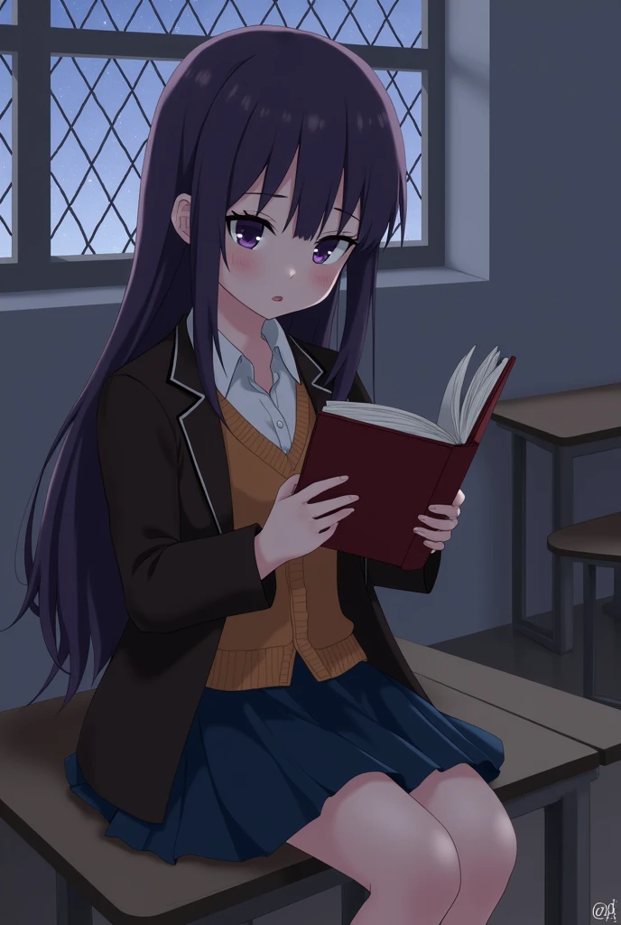 Yuri from Doki Doki Literature Club, Violet eyes, dark purple long hair, dark blue skirt, white buttoned shirt under a orange brown sweater under a dark brown formal jacket, reading a dark red book, on class, window with a bunch of stars outside. Doki Doki Literature Club style.