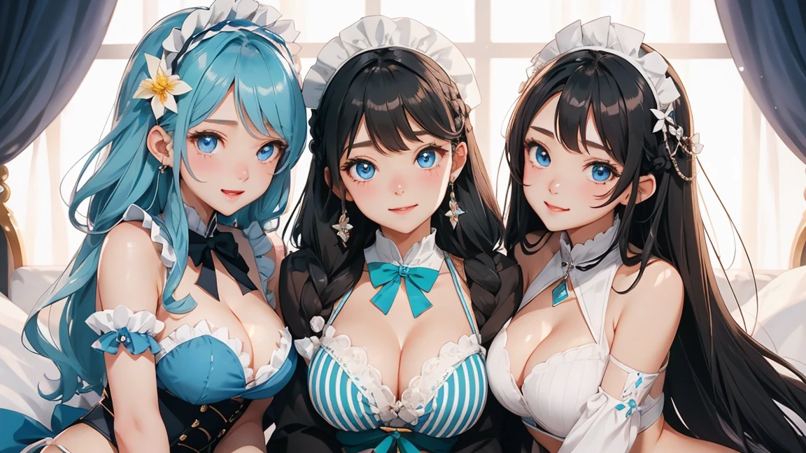 ( 3 girls),smile、Look into the camera、diamond necklace、braided hair (Open-chested maid cafe outfit:1.1)、The material is smooth and flexible..、revealing upper arms、Blue-green striped knee-length socks Extra long double tail feathers、close range shooting、Flower Hair Ornaments、Close your eyes、Garter、 Masterpiece, Highest quality, 8ก, beautiful girl, young face、 photography, Cute face, thigh,In the stream,、รอยsmile、small waist, blue eyes(((The chest is erect..:1.1)))(((round chest)))(((big breasts:1.1)))
