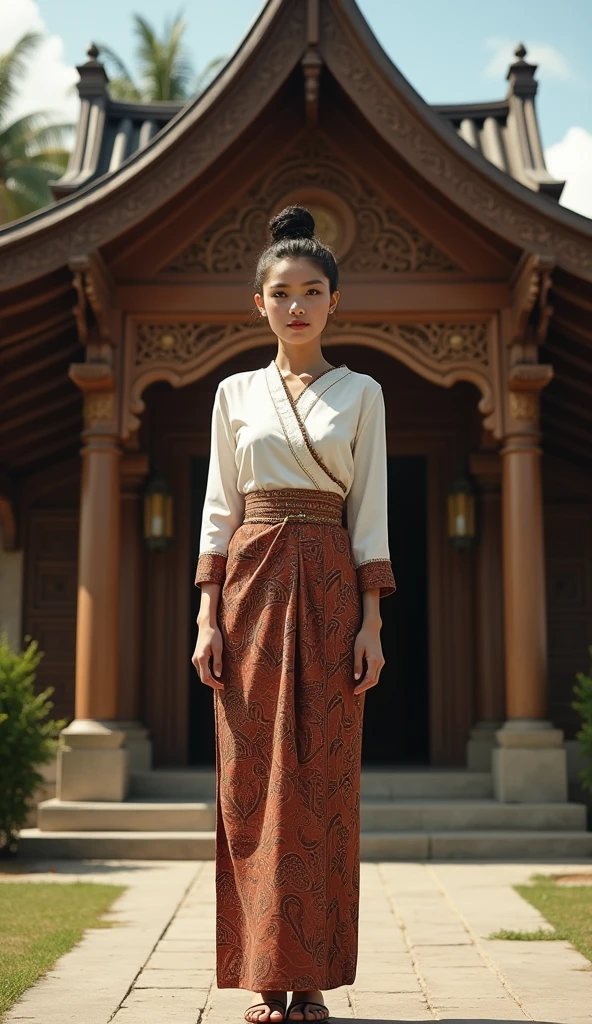 A beautiful Minang woman, 20 years old, with her hair neatly tied in a bun, standing gracefully. She has a proportional body and is dressed in a traditional kebaya and kain (traditional Indonesian fabric), wearing elegant sandals. She is standing proudly in front of a traditional Minangkabau house, with intricate wooden carvings and high, pointed rooflines. The scene captures the essence of Minangkabau culture with bright lighting, realistic and detailed textures, cinematic atmosphere, hyper detail, 8K resolution, ultra-sharp, and UHD quality.
