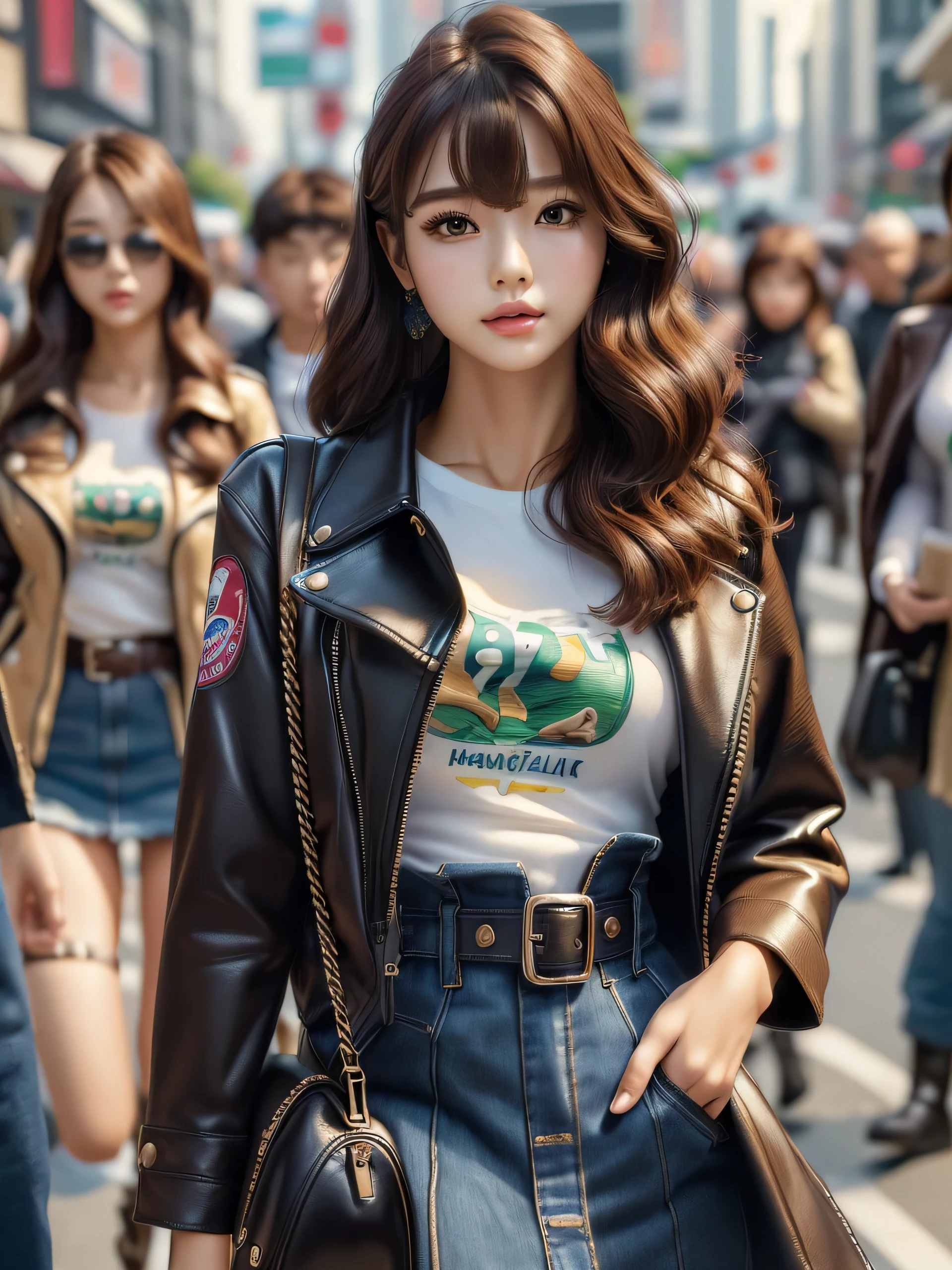 (best quality, masterpiece:1.5), (ultra-detailed, realistic:1.37),4K,(woman:1.5),korean,cute,beautiful,(jacket:1.2),(T shirts)(skirt),(big breast),(bra),(long boots),bangs,hands in pocket