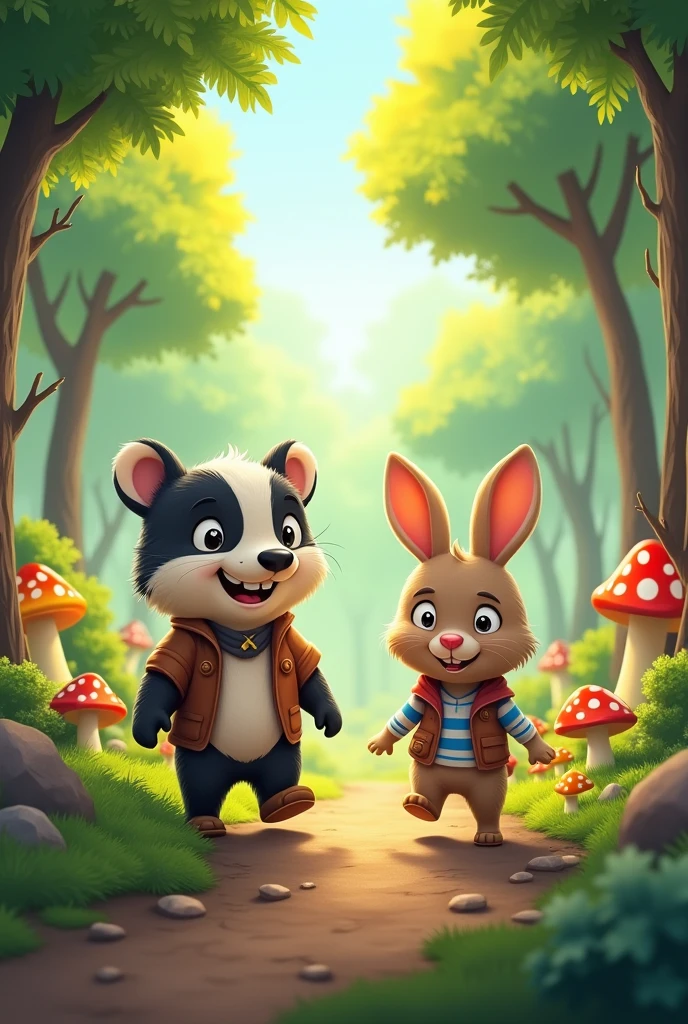 One sunny morning Bruno the badger and Benny the rabbit were playing in the forest When Bruno exclaimed Bruno: I have an idea, What do you think if we play explorers and go deep into the forest?.