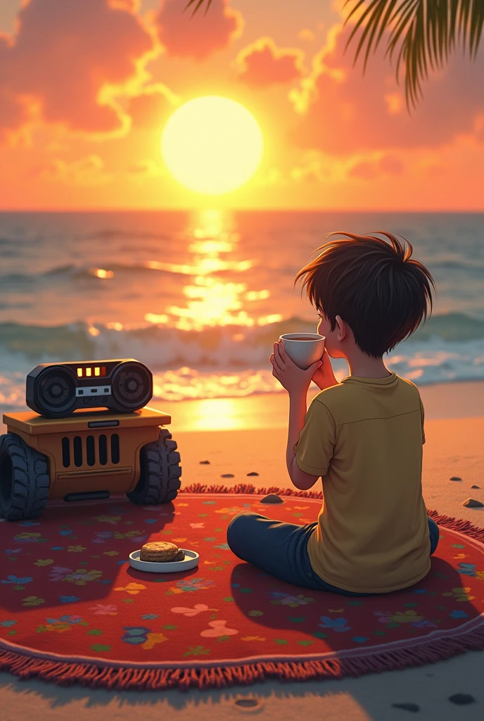 A young boy enjoying the sunset on the beach with a cup of coffee, a carpet is laying and a tape recorder is playing,a jeep, a table and a chair 