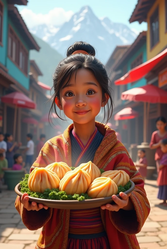 A NEPALESE GIRL CARRYING A BIG MOMO IN HER HAND