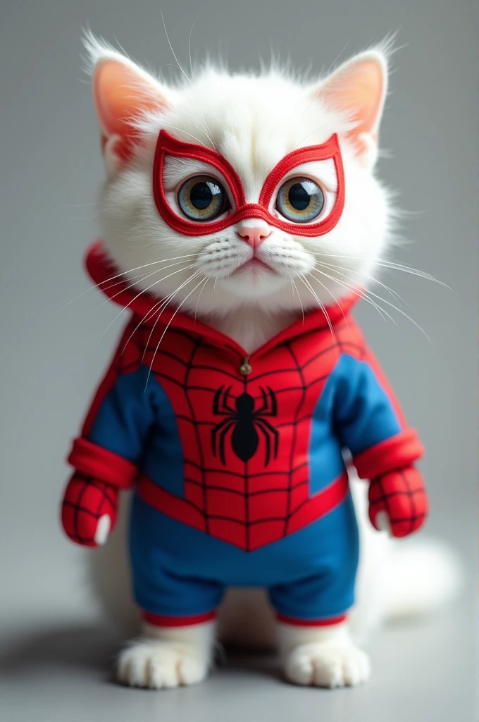 White cat in spiderman suit