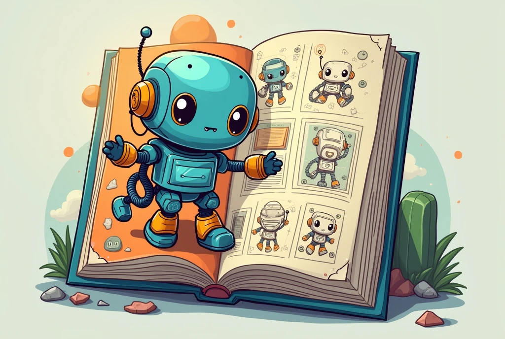 Interactive book model, Manuals and cute robot related, illustration, Dynamic, right