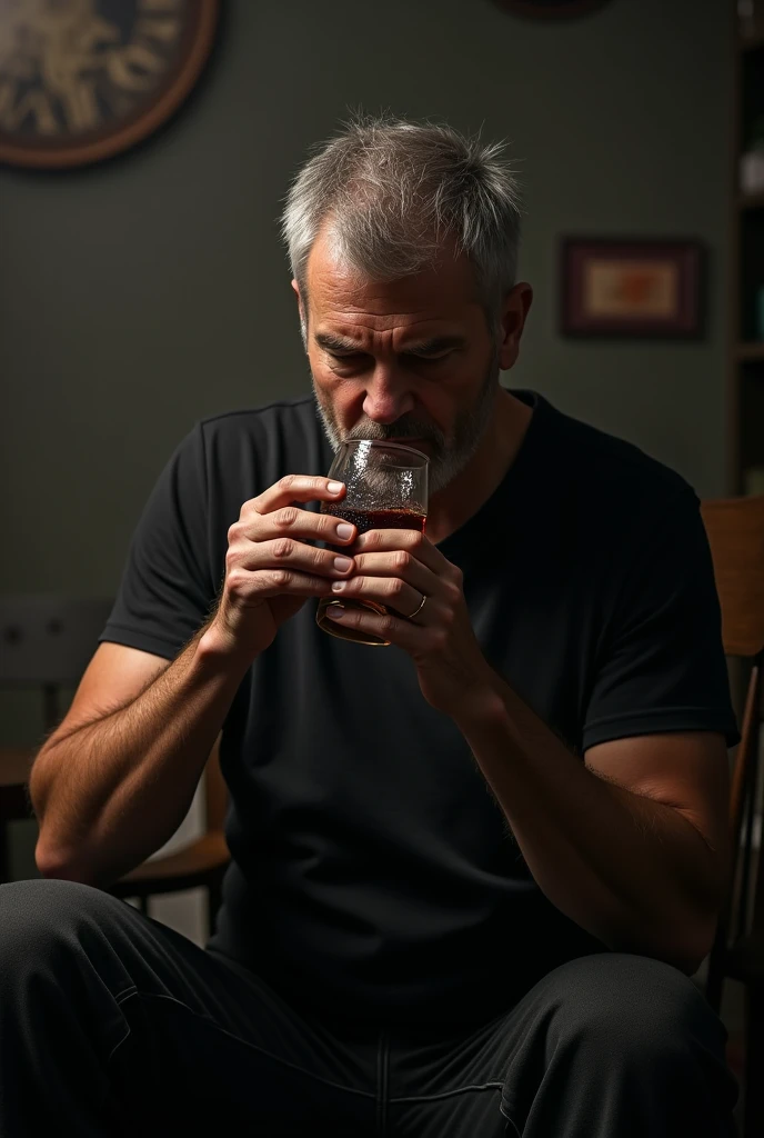 A Men Who Wearing a black t shirt and pant he eat elkohol