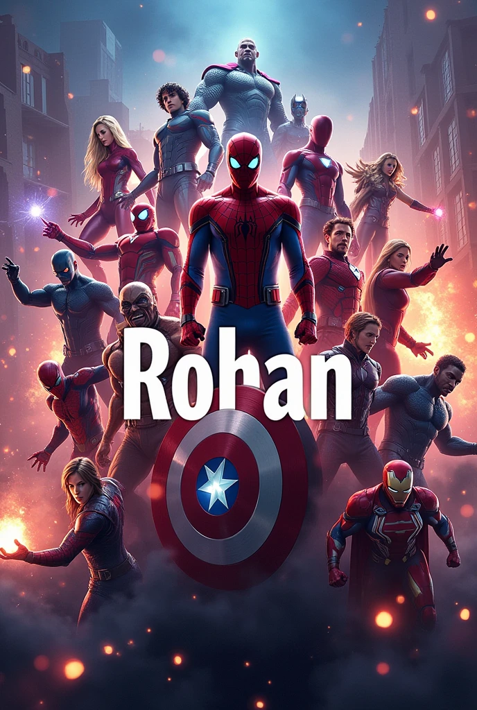All Marvel character in the background with Rohan's name WORD on it