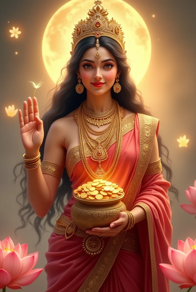 "Create an ultra-realistic image of Goddess Lakshmi, the epitome of beauty and prosperity, holding a pot full of golden coins and a blooming lotus. She should be depicted with radiant, flawless skin, glowing with a divine light. Her face should be exquisitely beautiful, with large, almond-shaped eyes filled with kindness and grace, a perfectly shaped nose, and serene lips forming a gentle, welcoming smile. Her long, dark hair should cascade down in soft waves, adorned with a delicate crown or headdress intricately designed with jewels.

Goddess Lakshmi should be dressed in a richly embroidered saree in vibrant shades of red and gold, symbolizing wealth and auspiciousness. Her jewelry should be luxurious, including layered necklaces, earrings, and bangles that sparkle with divine light. In one hand, she should hold a beautifully decorated pot overflowing with golden coins, symbolizing abundance and prosperity. In the other hand, she should hold a blooming lotus, representing purity, beauty, and spiritual enlightenment.

The background should feature a serene, celestial setting, perhaps with a golden glow and soft, ethereal light surrounding her. The atmosphere should exude a sense of peace, prosperity, and divine grace, capturing the essence of Goddess Lakshmi’s beauty and the blessings she bestows."