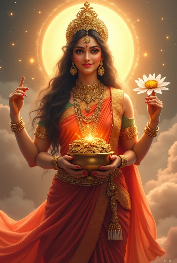 "Create an ultra-realistic image of Goddess Lakshmi, the epitome of beauty and prosperity, holding a pot full of golden coins and a blooming lotus. She should be depicted with radiant, flawless skin, glowing with a divine light. Her face should be exquisitely beautiful, with large, almond-shaped eyes filled with kindness and grace, a perfectly shaped nose, and serene lips forming a gentle, welcoming smile. Her long, dark hair should cascade down in soft waves, adorned with a delicate crown or headdress intricately designed with jewels.

Goddess Lakshmi should be dressed in a richly embroidered saree in vibrant shades of red and gold, symbolizing wealth and auspiciousness. Her jewelry should be luxurious, including layered necklaces, earrings, and bangles that sparkle with divine light. In one hand, she should hold a beautifully decorated pot overflowing with golden coins, symbolizing abundance and prosperity. In the other hand, she should hold a blooming lotus, representing purity, beauty, and spiritual enlightenment.

The background should feature a serene, celestial setting, perhaps with a golden glow and soft, ethereal light surrounding her. The atmosphere should exude a sense of peace, prosperity, and divine grace, capturing the essence of Goddess Lakshmi’s beauty and the blessings she bestows."
