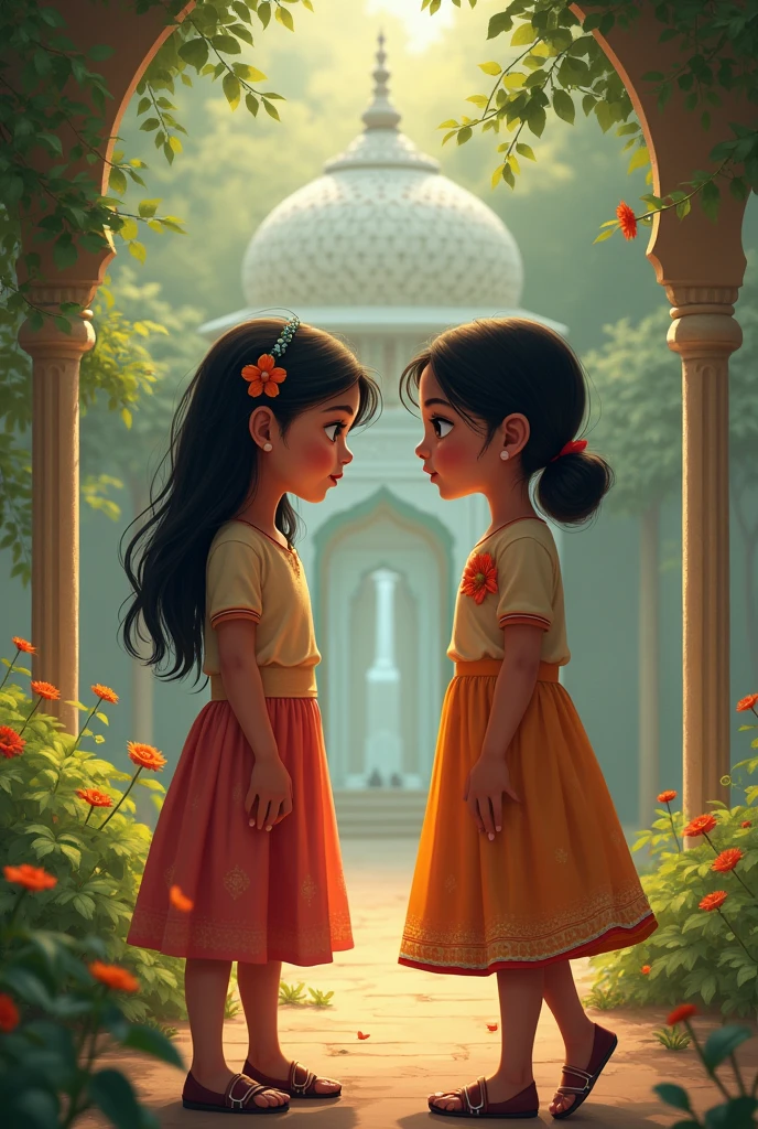 There are two girls in an Indian park, both are 2, one's name is Shreya she is bald head,Both are very beautiful and there is a lot of tension between them, I mean the thing is that they both are very beautiful