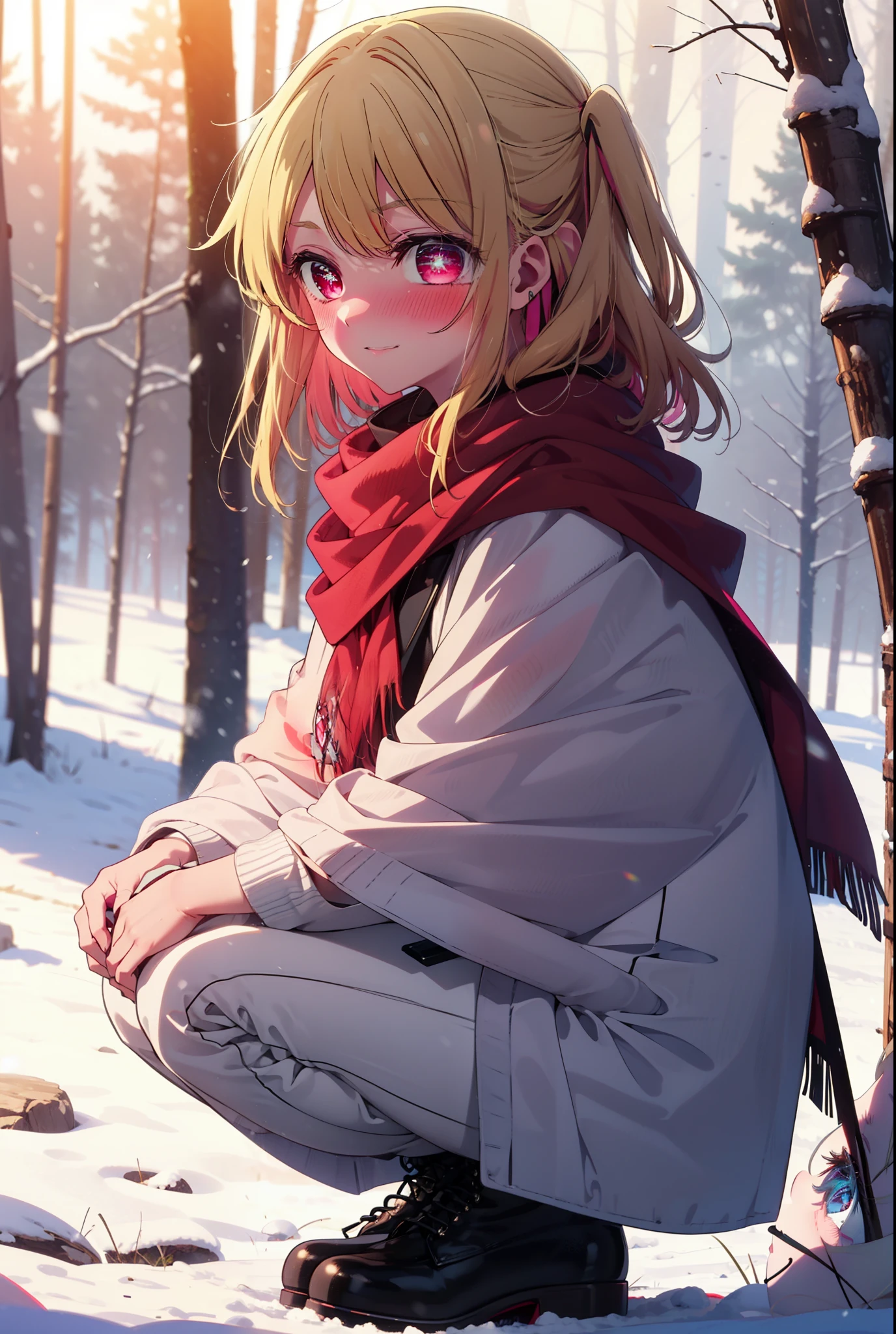 rubyhoshino, Hoshino Ruby, Long Hair, bangs, blonde, (Pink Eyes:1.3), Side Lock, (Symbol-shaped pupil:1.5), Multicolored Hair, Two-tone hair, smile,,smile,blush,white breath,
Open your mouth,snow,Ground bonfire, Outdoor, boots, snowing, From the side, wood, suitcase, Cape, Blurred, , forest, White handbag, nature,  Squat, Mouth closed, Cape, winter, Written boundary depth, Black shoes, red Cape break looking at viewer, Upper Body, whole body, break Outdoor, forest, nature, break (masterpiece:1.2), Highest quality, High resolution, unity 8k wallpaper, (shape:0.8), (Beautiful and beautiful eyes:1.6), Highly detailed face, Perfect lighting, Extremely detailed CG, (Perfect hands, Perfect Anatomy),