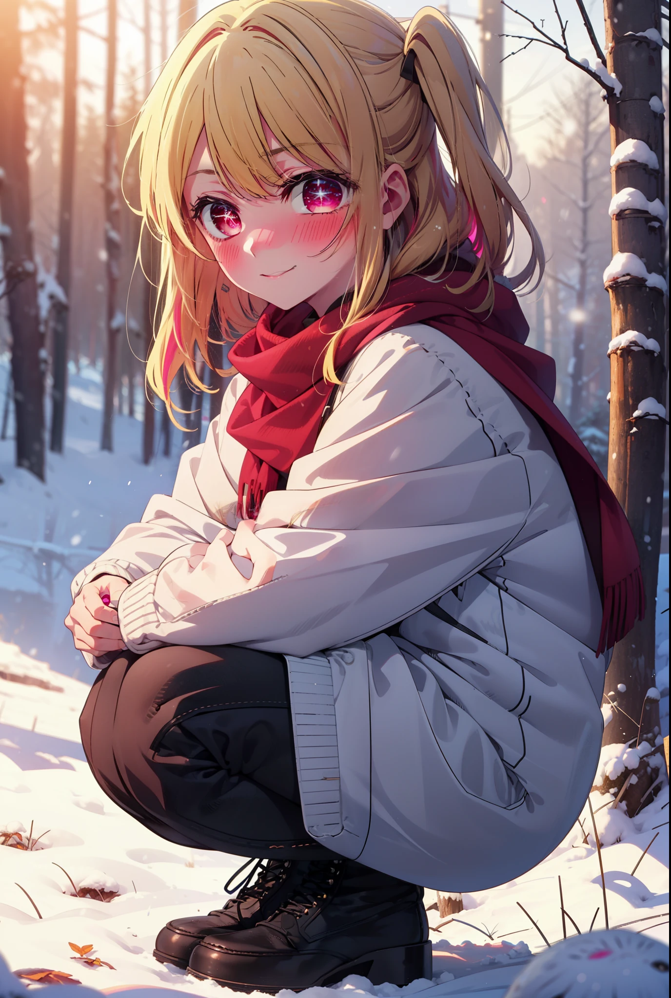 rubyhoshino, Hoshino Ruby, Long Hair, bangs, blonde, (Pink Eyes:1.3), Side Lock, (Symbol-shaped pupil:1.5), Multicolored Hair, Two-tone hair, smile,,smile,blush,white breath,
Open your mouth,snow,Ground bonfire, Outdoor, boots, snowing, From the side, wood, suitcase, Cape, Blurred, , forest, White handbag, nature,  Squat, Mouth closed, Cape, winter, Written boundary depth, Black shoes, red Cape break looking at viewer, Upper Body, whole body, break Outdoor, forest, nature, break (masterpiece:1.2), Highest quality, High resolution, unity 8k wallpaper, (shape:0.8), (Beautiful and beautiful eyes:1.6), Highly detailed face, Perfect lighting, Extremely detailed CG, (Perfect hands, Perfect Anatomy),