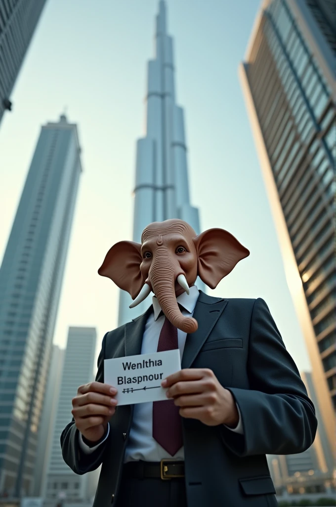 Lord ganesha working in Dubai near Burj Khalifa with Suit jacket and showing company name Vista (Corporate E group)